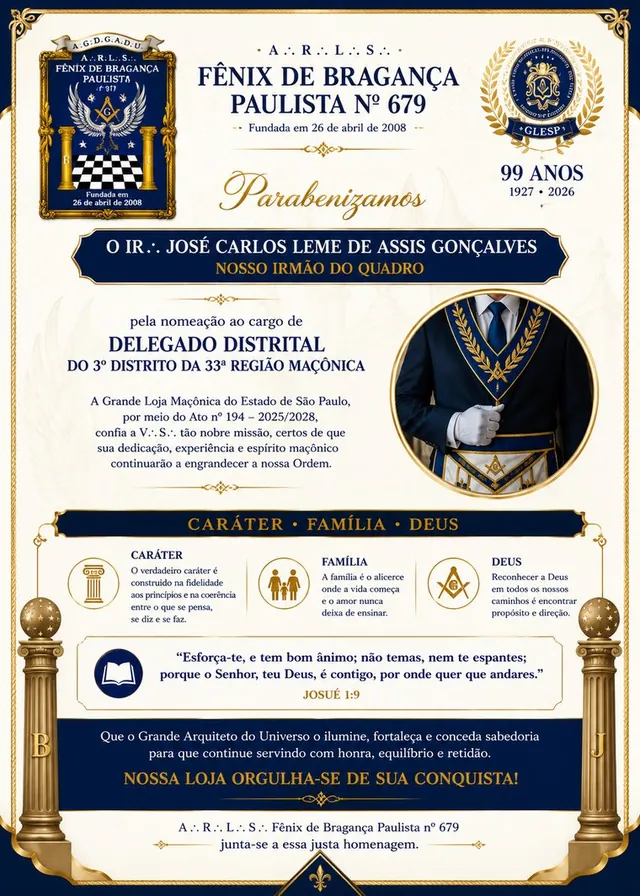 Arte: homenagem ao Ir∴ nomeado Delegado Distrital